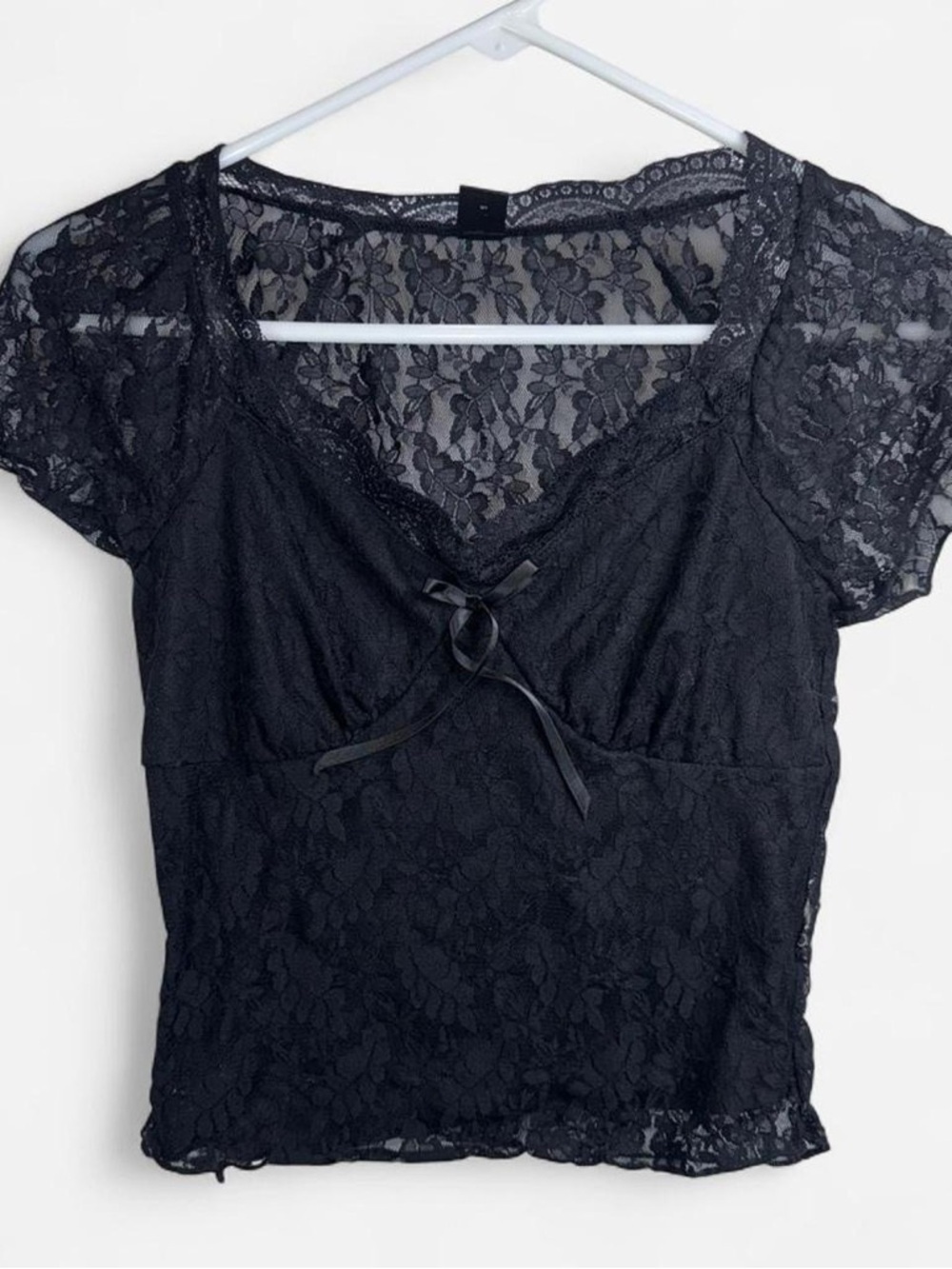 Shein Black Lace Babydoll Top Y2K Sheer Feminine Bow Detail